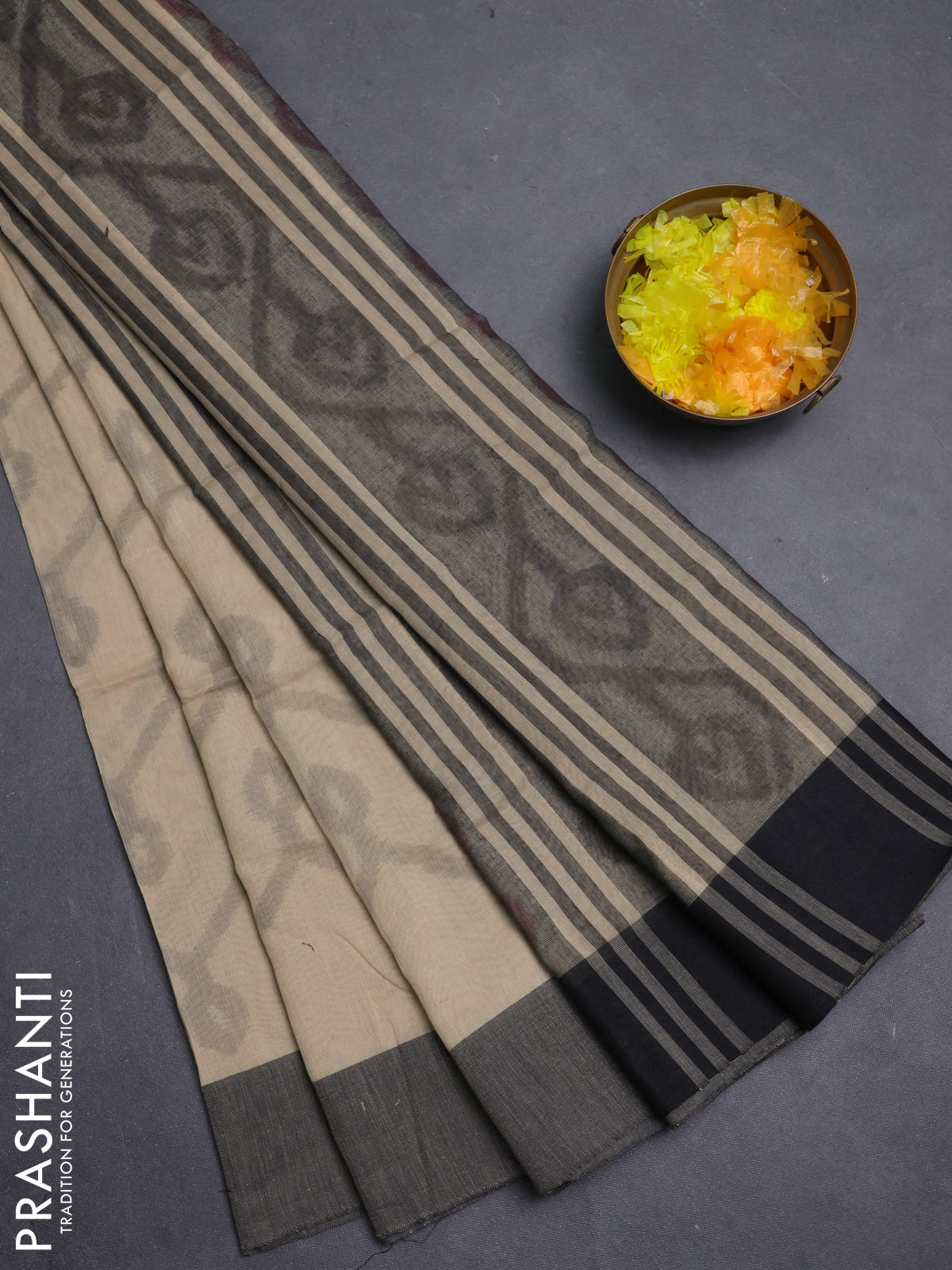 Bengal soft cotton saree beige and black with allover weaves and simple border