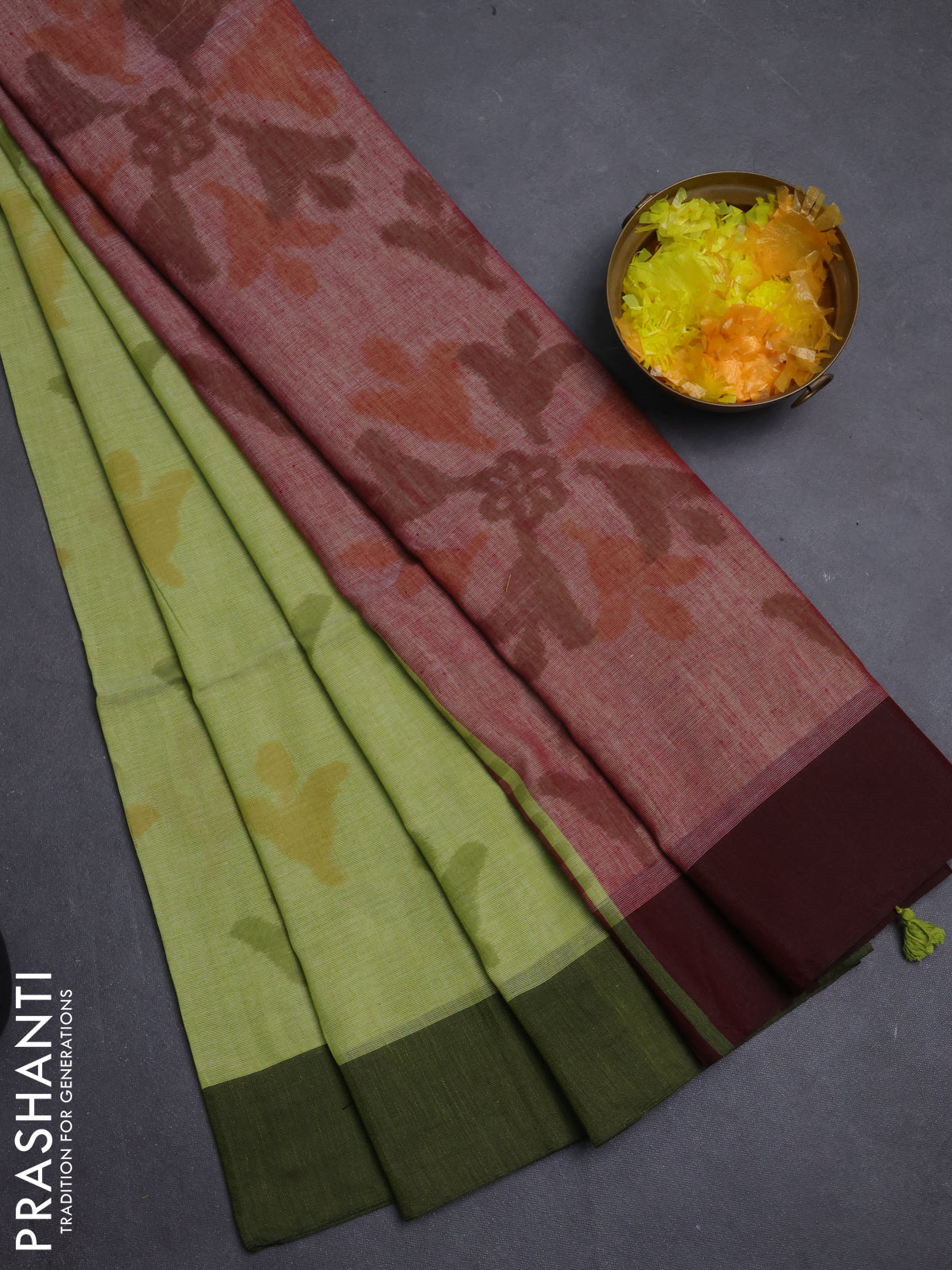 Bengal soft cotton saree fluorescent green and maroon with allover weaves and simple border