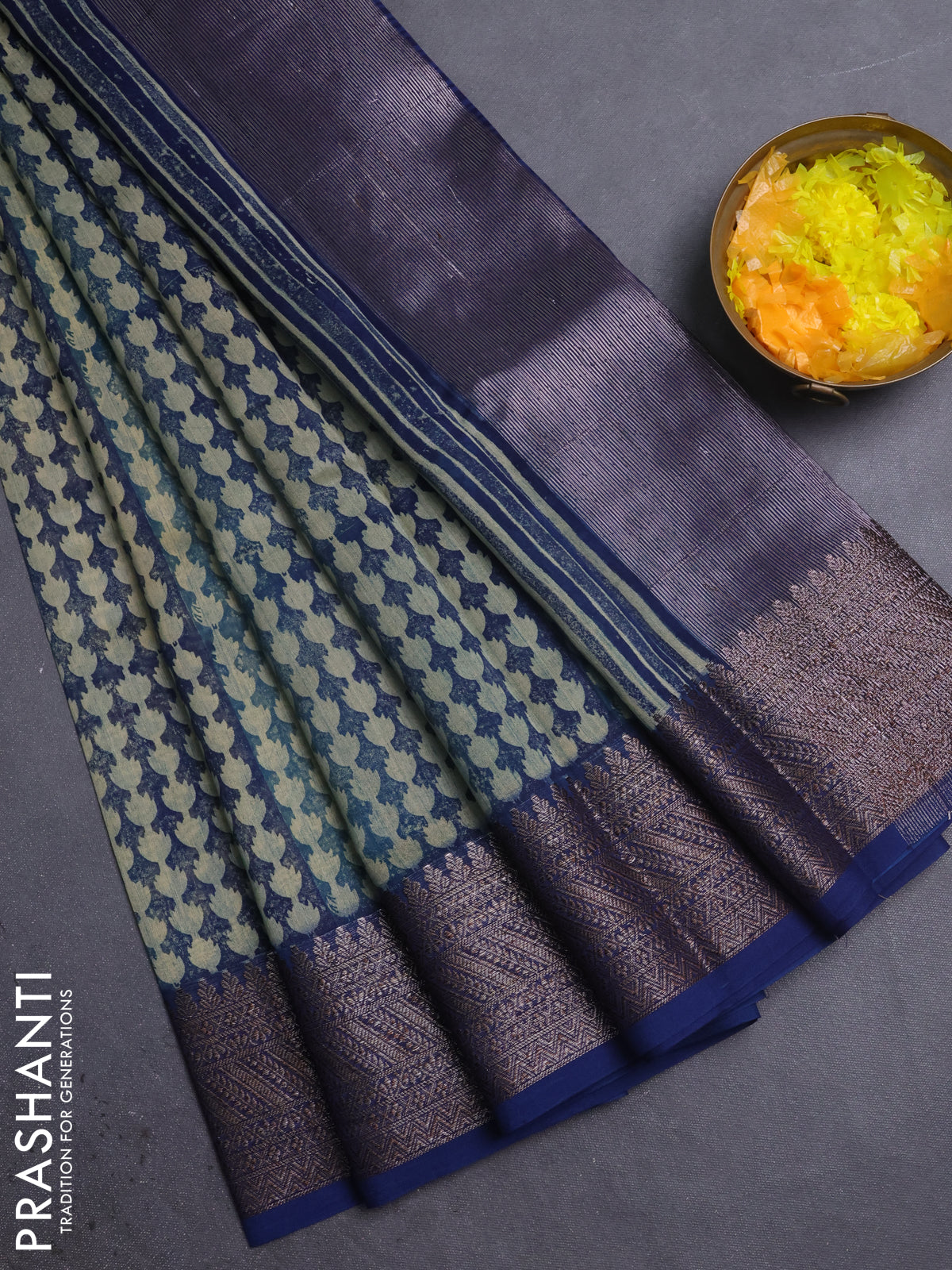 Chanderi silk cotton saree beige and navy blue with allover prints  and banarasi style border