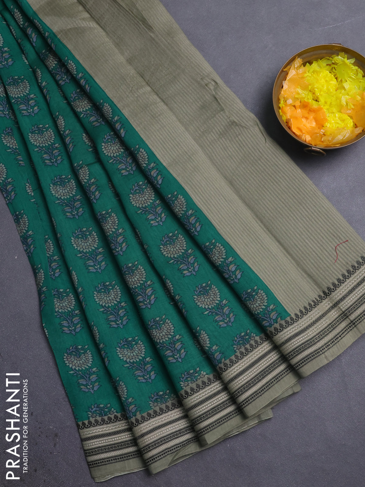 Chanderi silk cotton saree green and pastel green with allover floral butta prints and thread woven border
