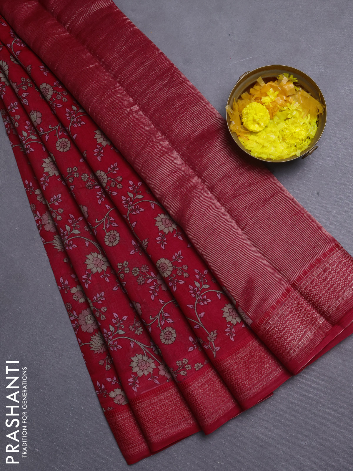 Chanderi silk cotton saree maroon with allover floral prints and woven border