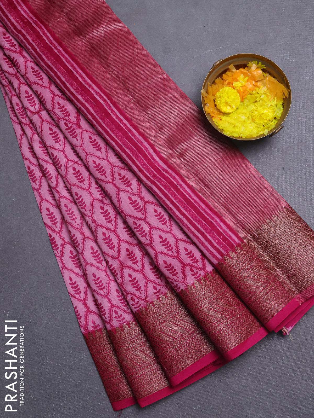 Chanderi silk cotton saree magenta pink with allover prints and banarasi style border