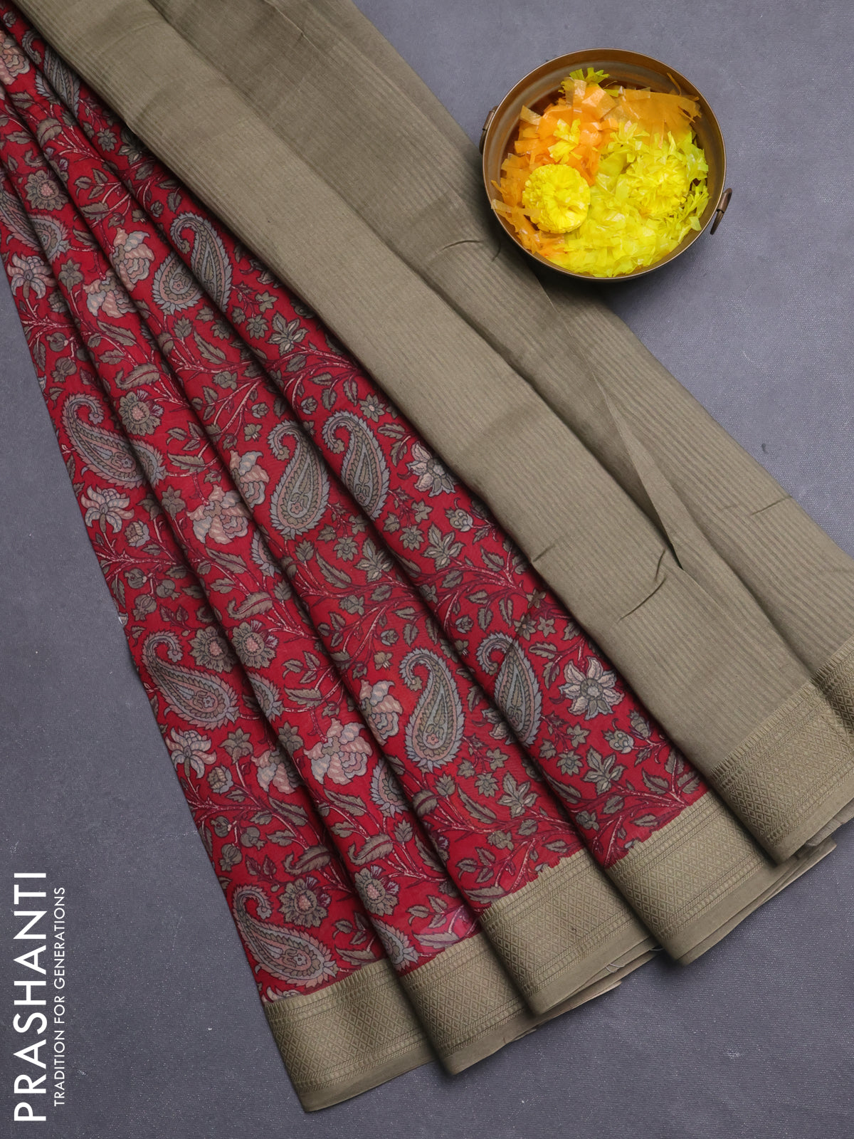 Chanderi silk cotton saree maroon and pastel green with allover paisley prints and woven border