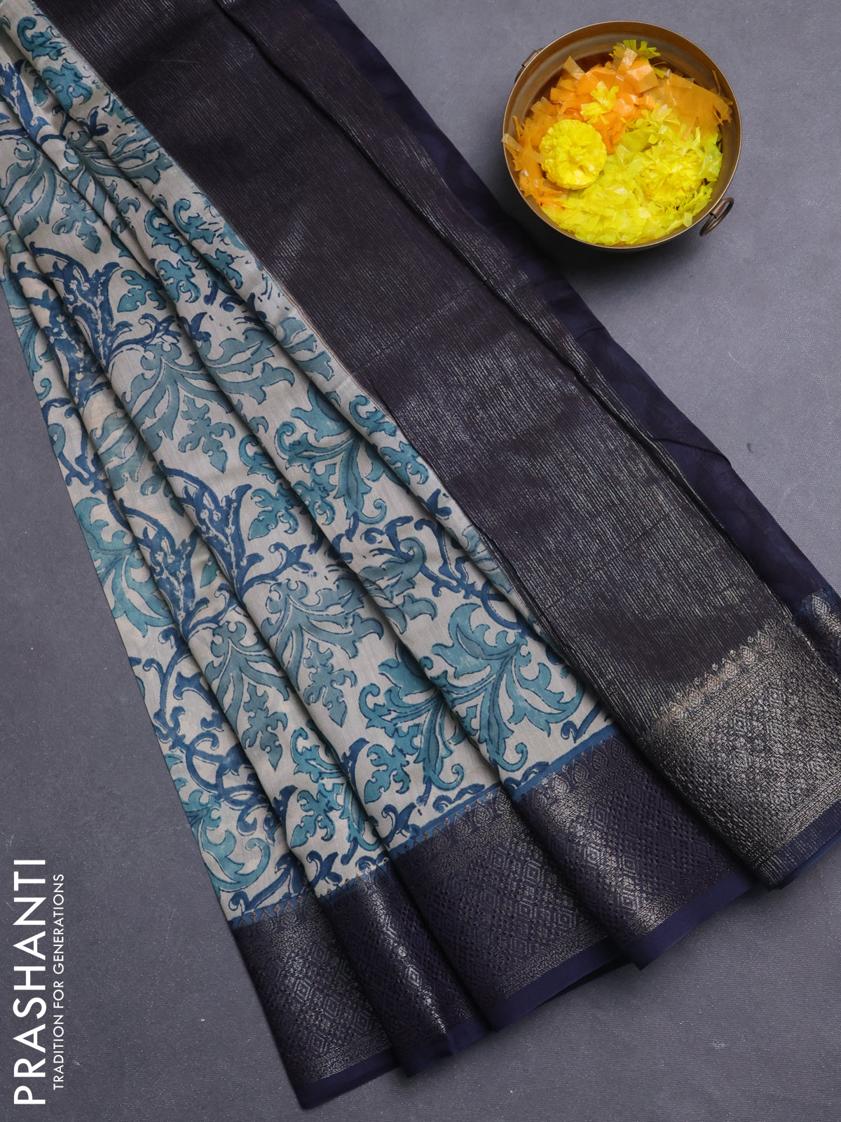 Chanderi silk cotton saree beige and navy blue with allover prints and banarasi style border