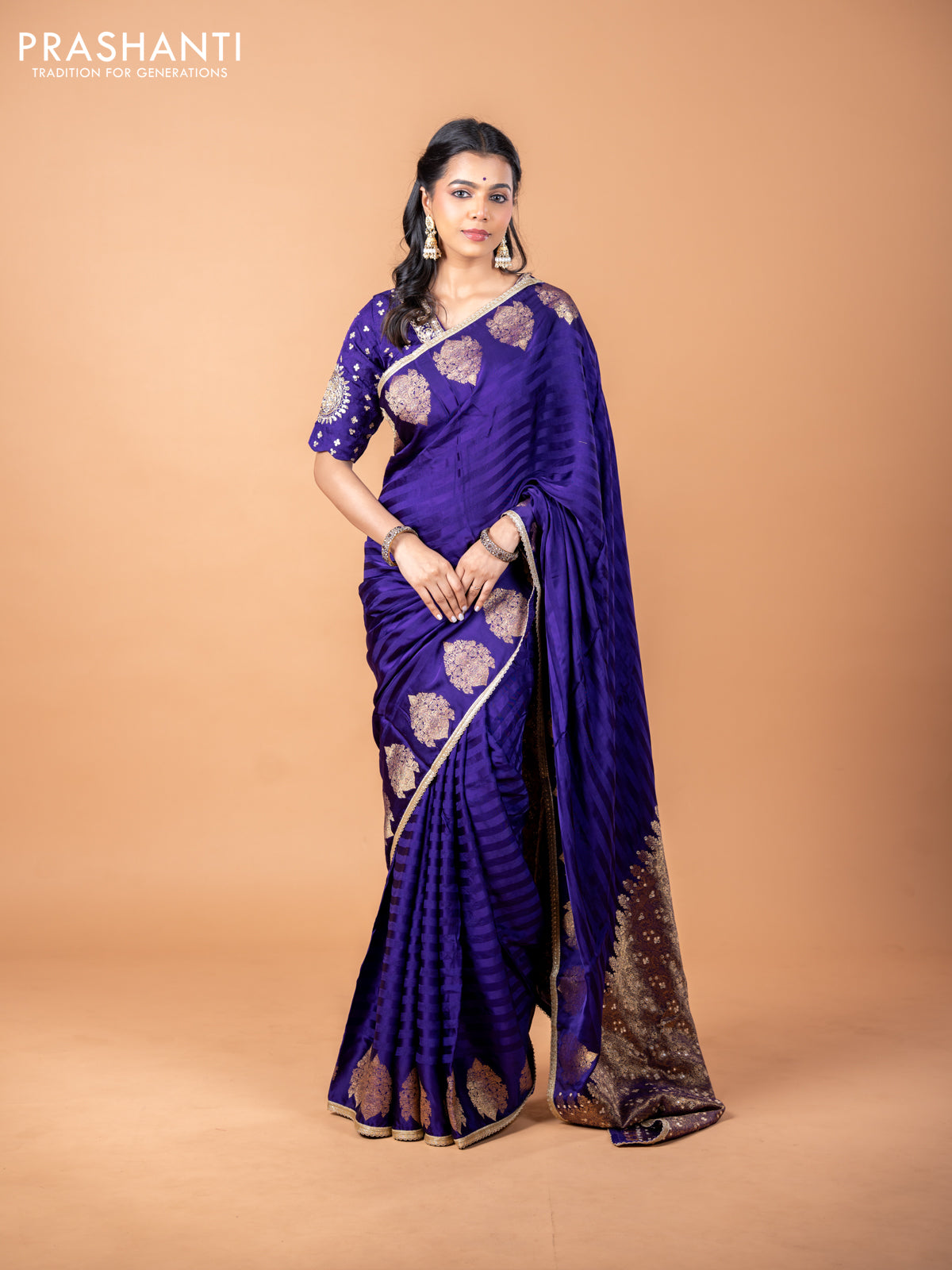 Banarasi crepe saree violet with stripes pattern and mirror work & banarasi style border