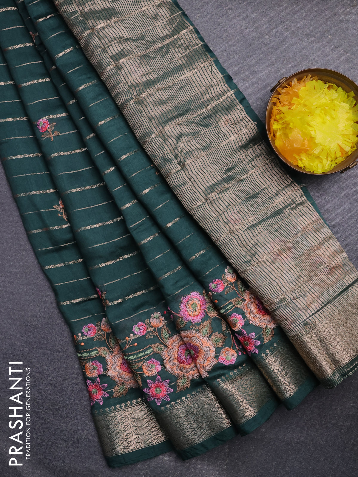 Assam silk saree bottle green with allover zari weaves & floral embroidery work buttas and zari woven border