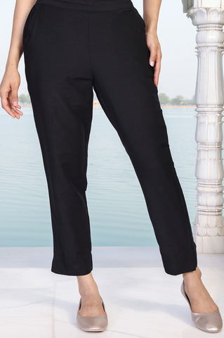 Black Solid Slim-Leg Rayon Trouser