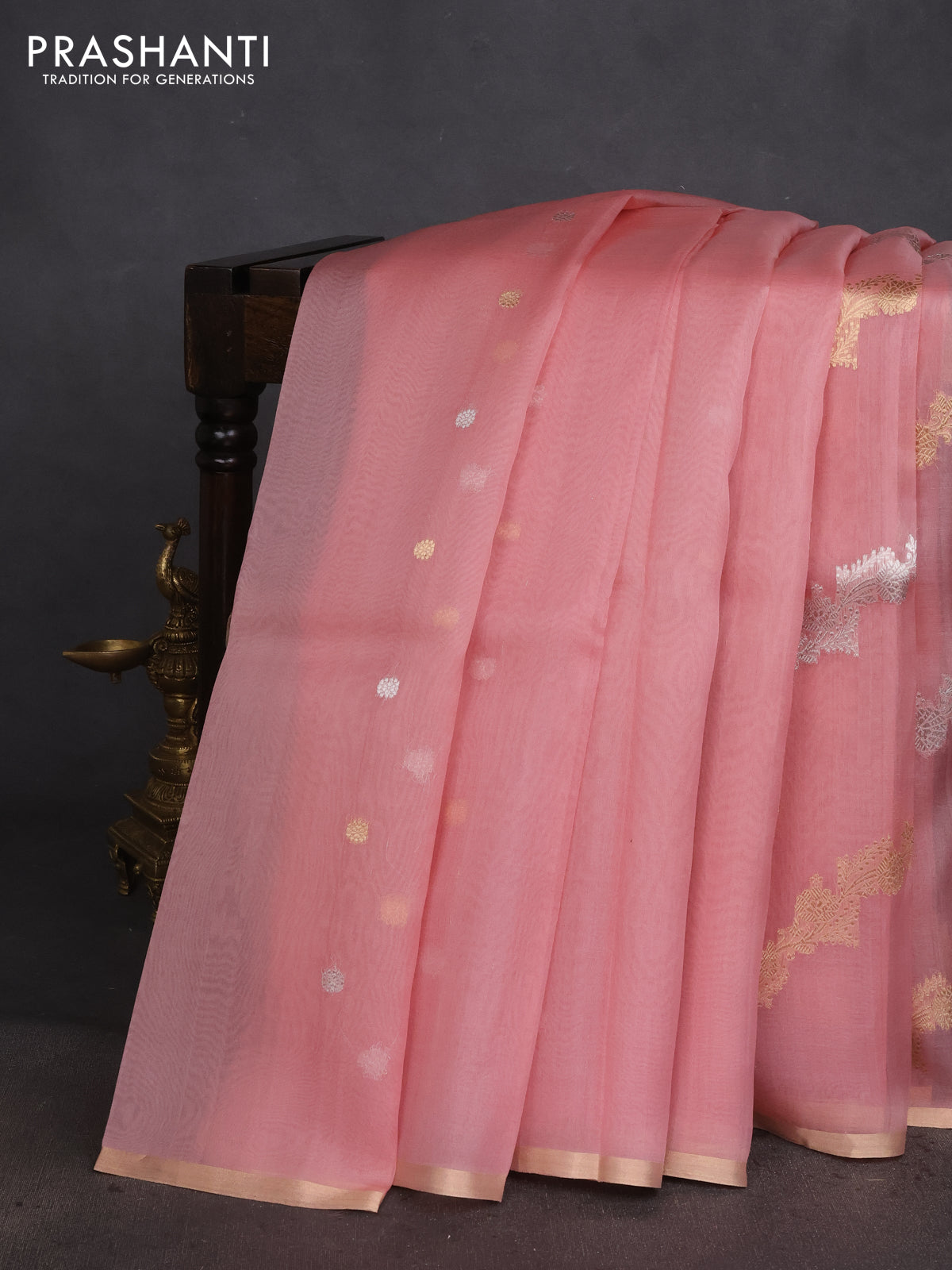 Banarasi organza silk saree peach pink with silver & gold zari weaves and zari woven piping boder
