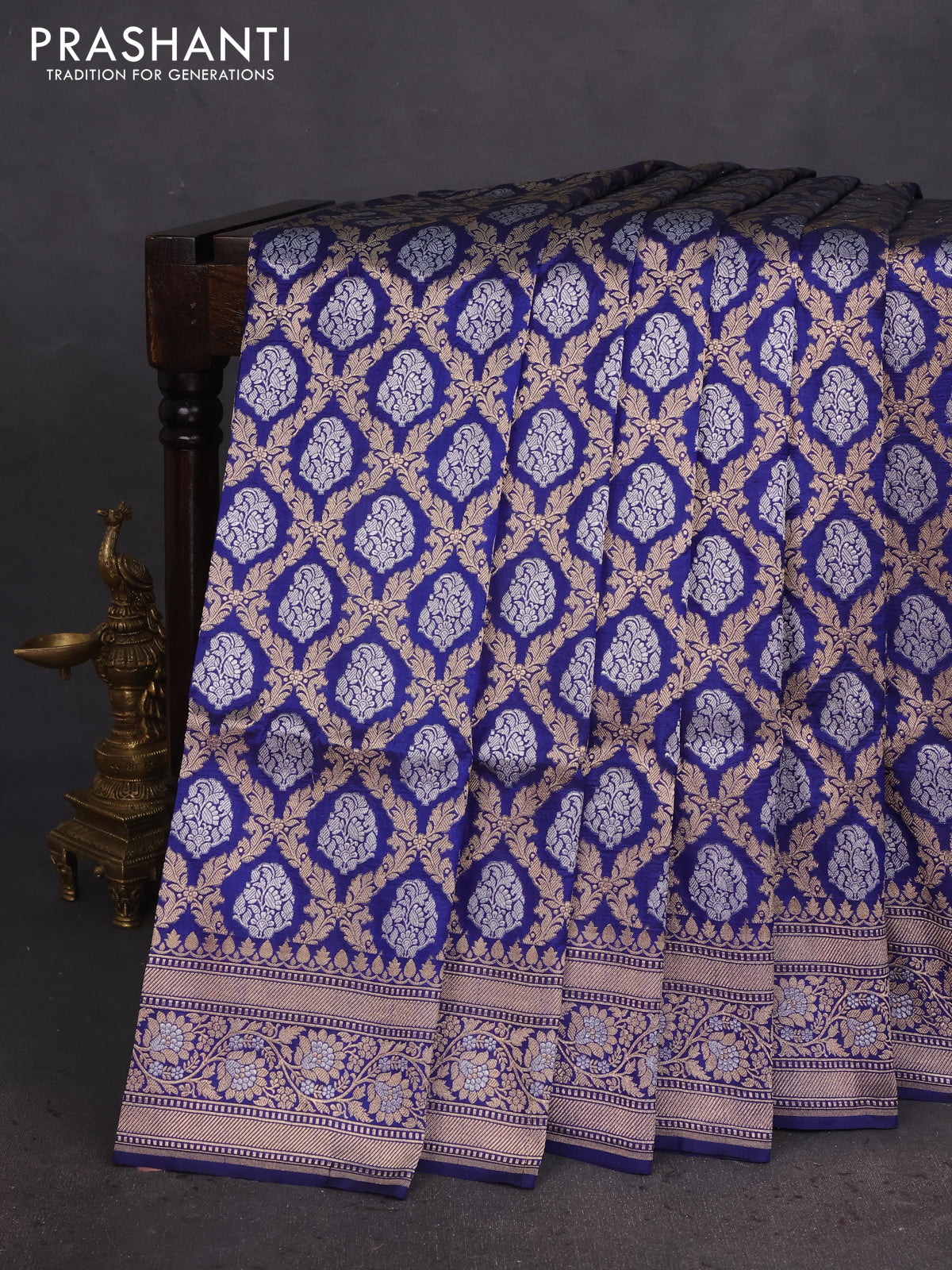 Banarasi uppada silk saree blue with allover silver & gold zari woven brocade weaves and zari woven border