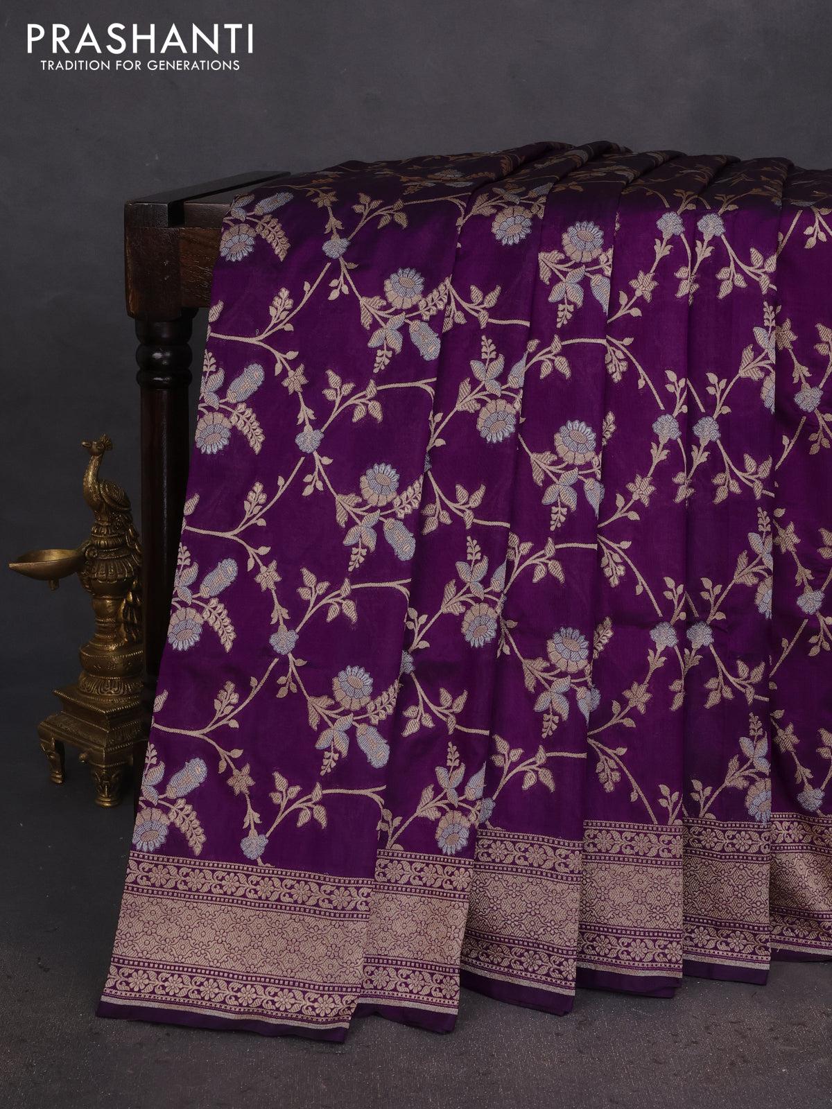 Banarasi uppada silk saree purple with allover silver & gold zari woven floral brocade weaves and zari woven border