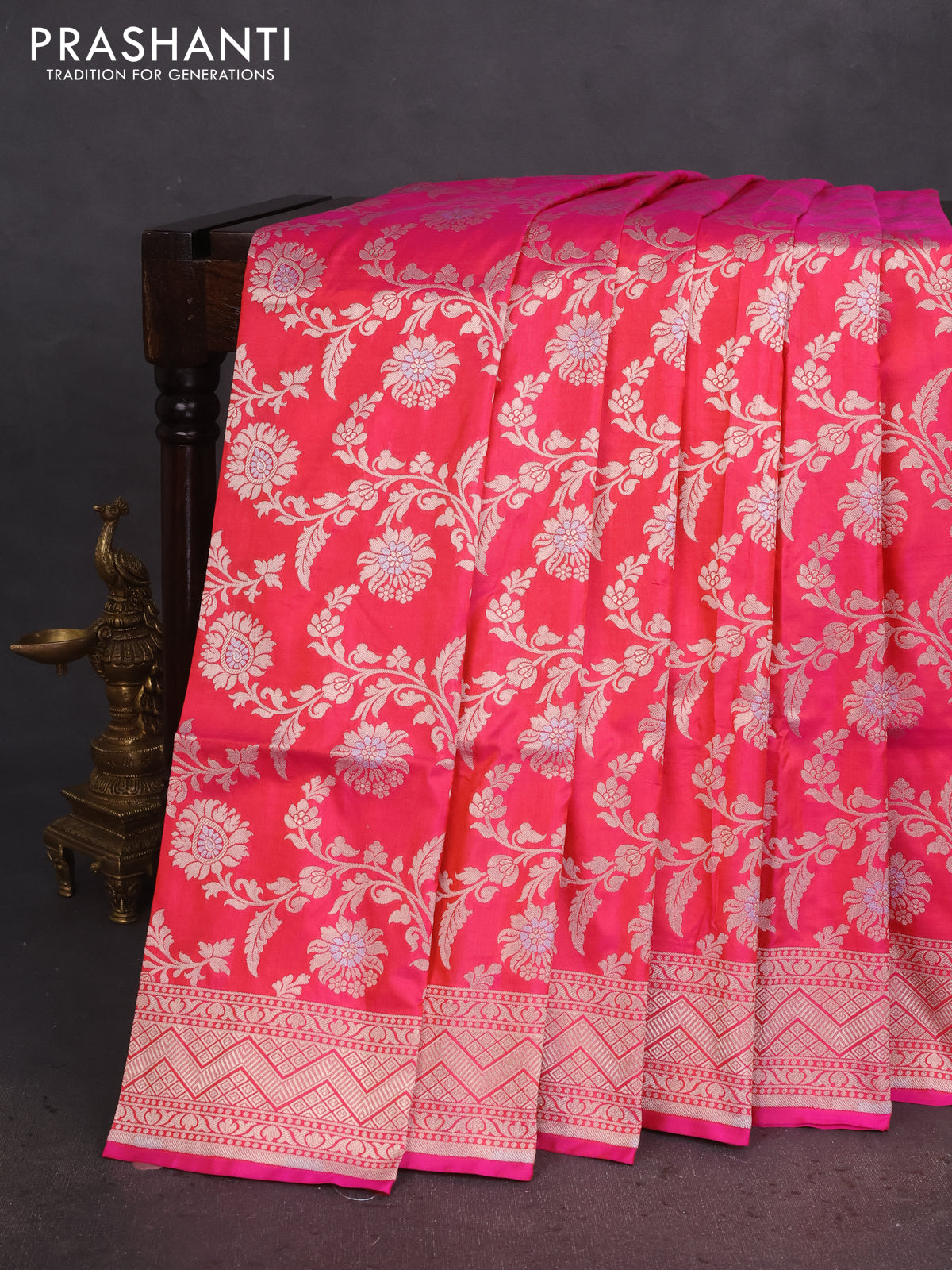 Banarasi uppada silk saree candy pink with allover zari woven floral brocade weaves and zari woven border