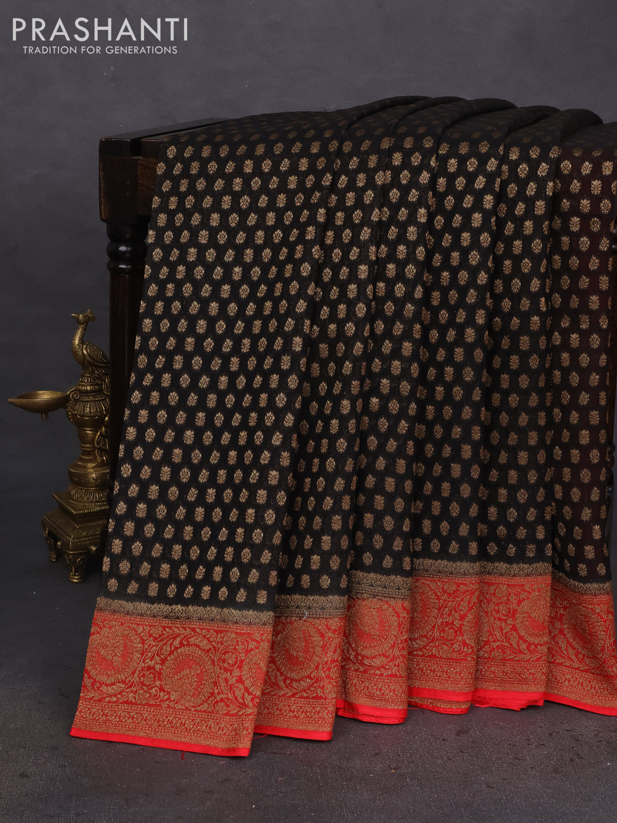 Banarasi semi georgette saree black and red with allover thread & zari woven buttas and woven border