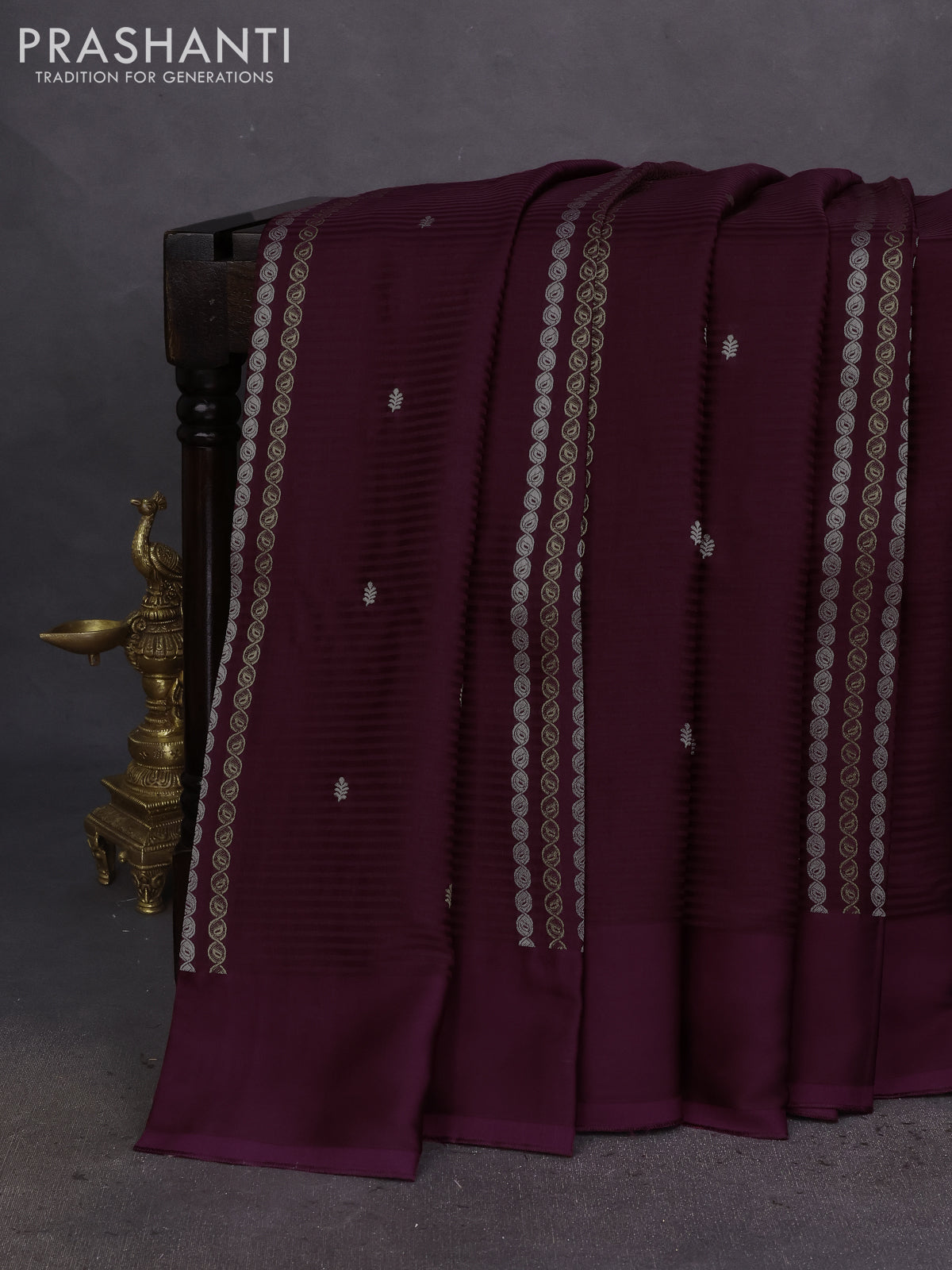 Banarasi mushru silk saree wine shade with allover stripes pattern & zari weaves and satin border