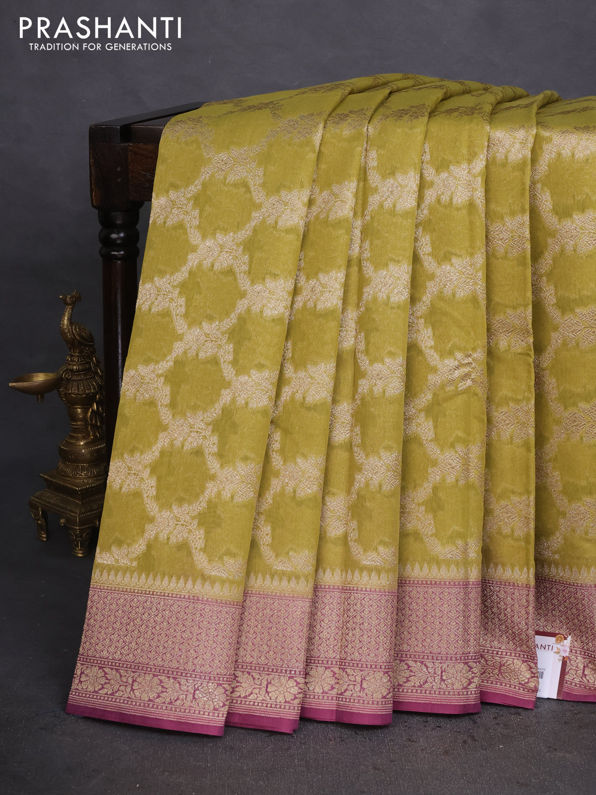 Banarasi silk cotton saree lime green and purple shade with allover thread & zari weaves and woven border