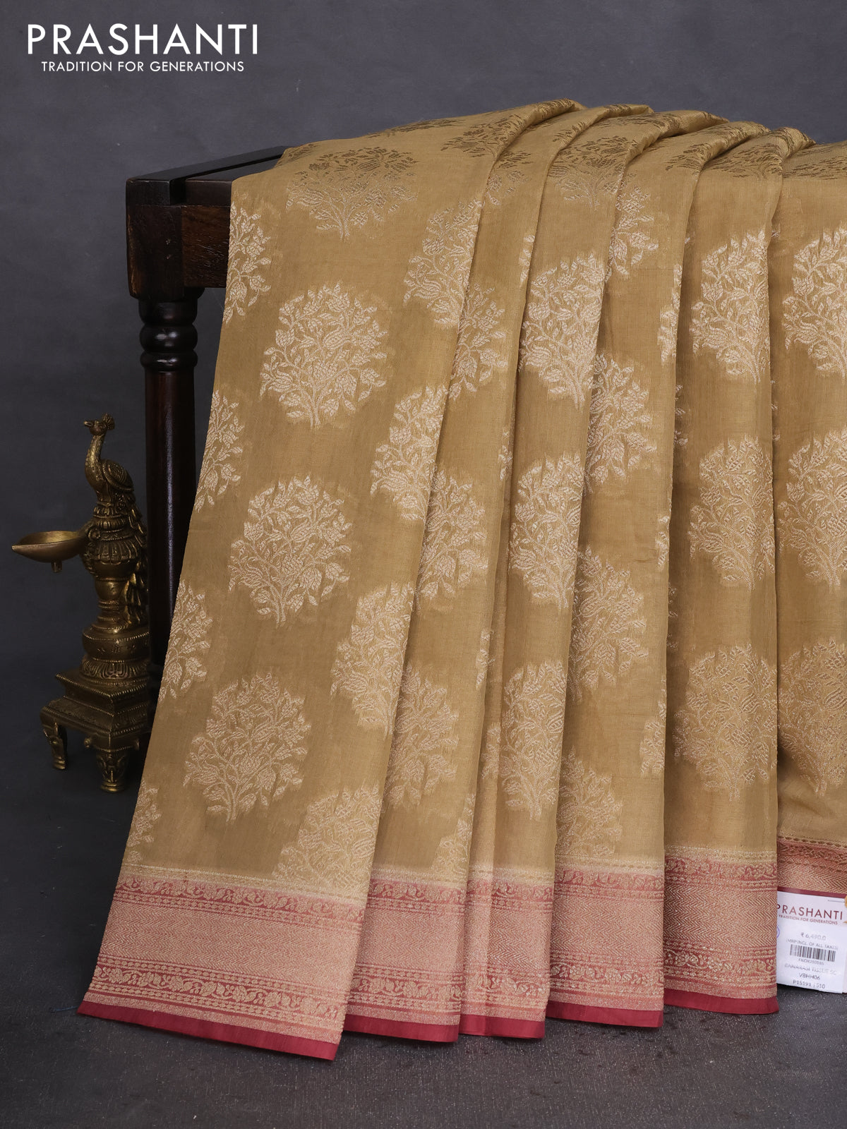 Banarasi tissue silk cotton saree sandal and pastel maroon with allover thread & zari woven butta weaves and woven border