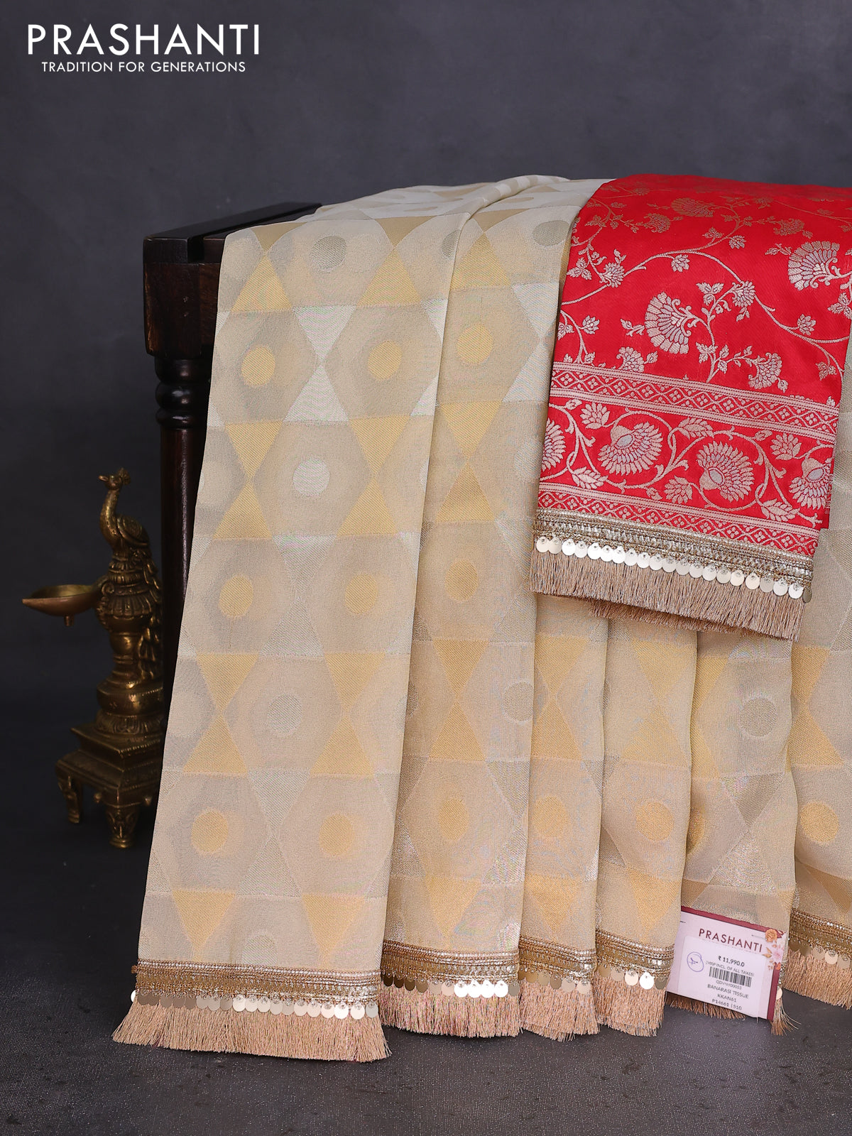 Banarasi tissue saree beige and red with allover zari woven geometric wevaes and lace work border