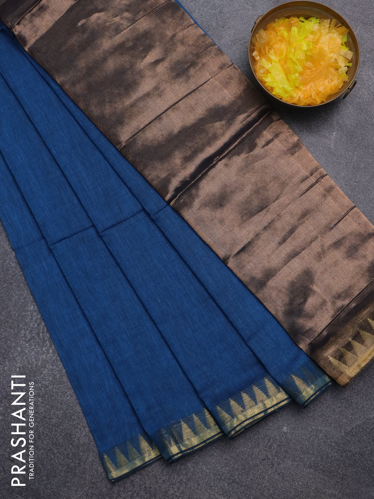 Bengal soft cotton saree cs blue with plain body and temple design zari woven border
