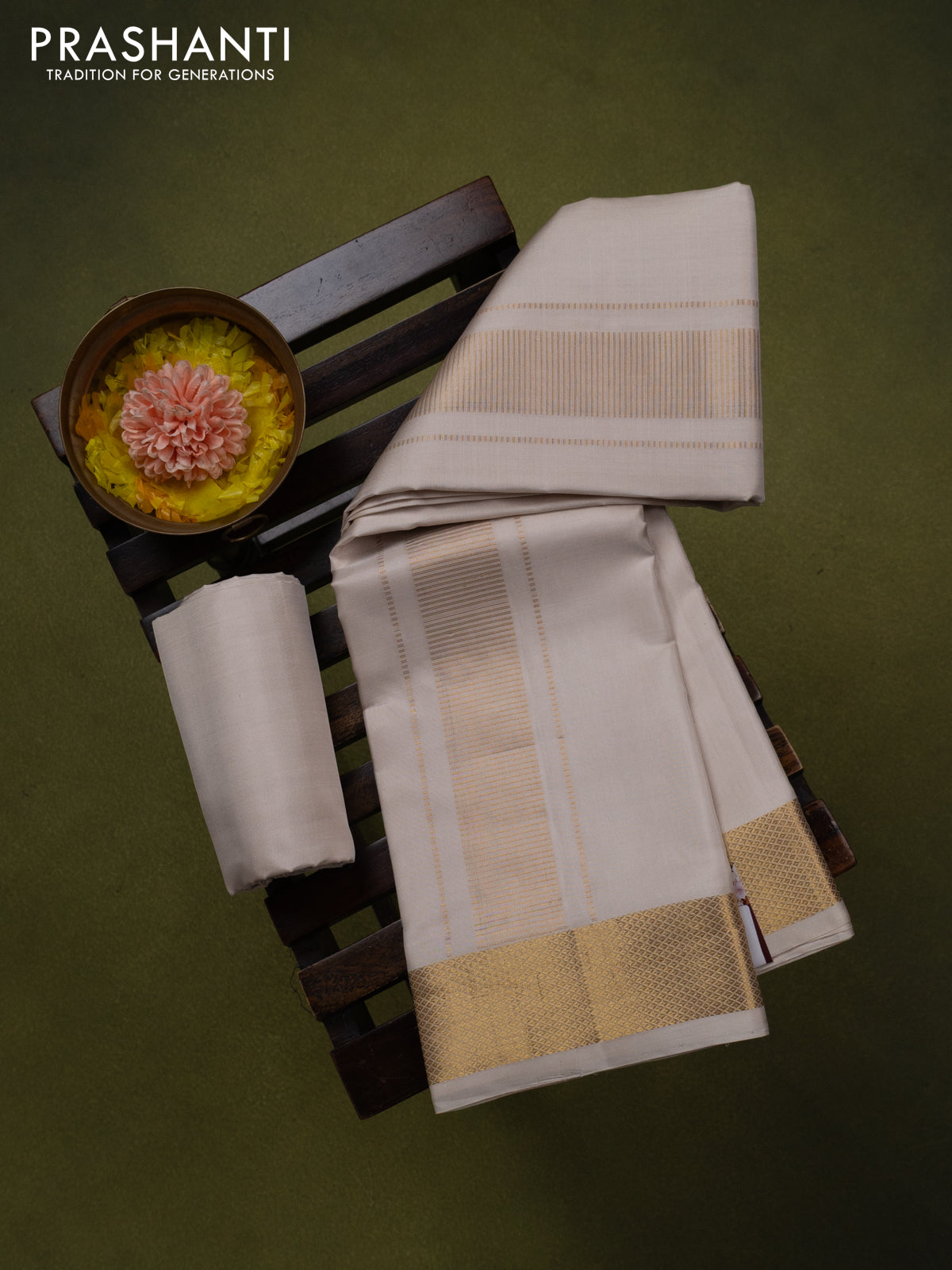 9x5 Pure silk dhoti and matching shirt bit cream with zari woven border