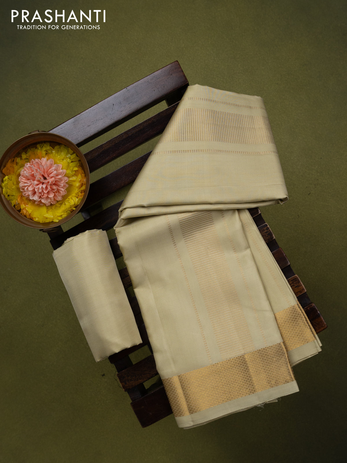 9x5 Pure silk dhoti and matching shirt bit cream with zari woven border