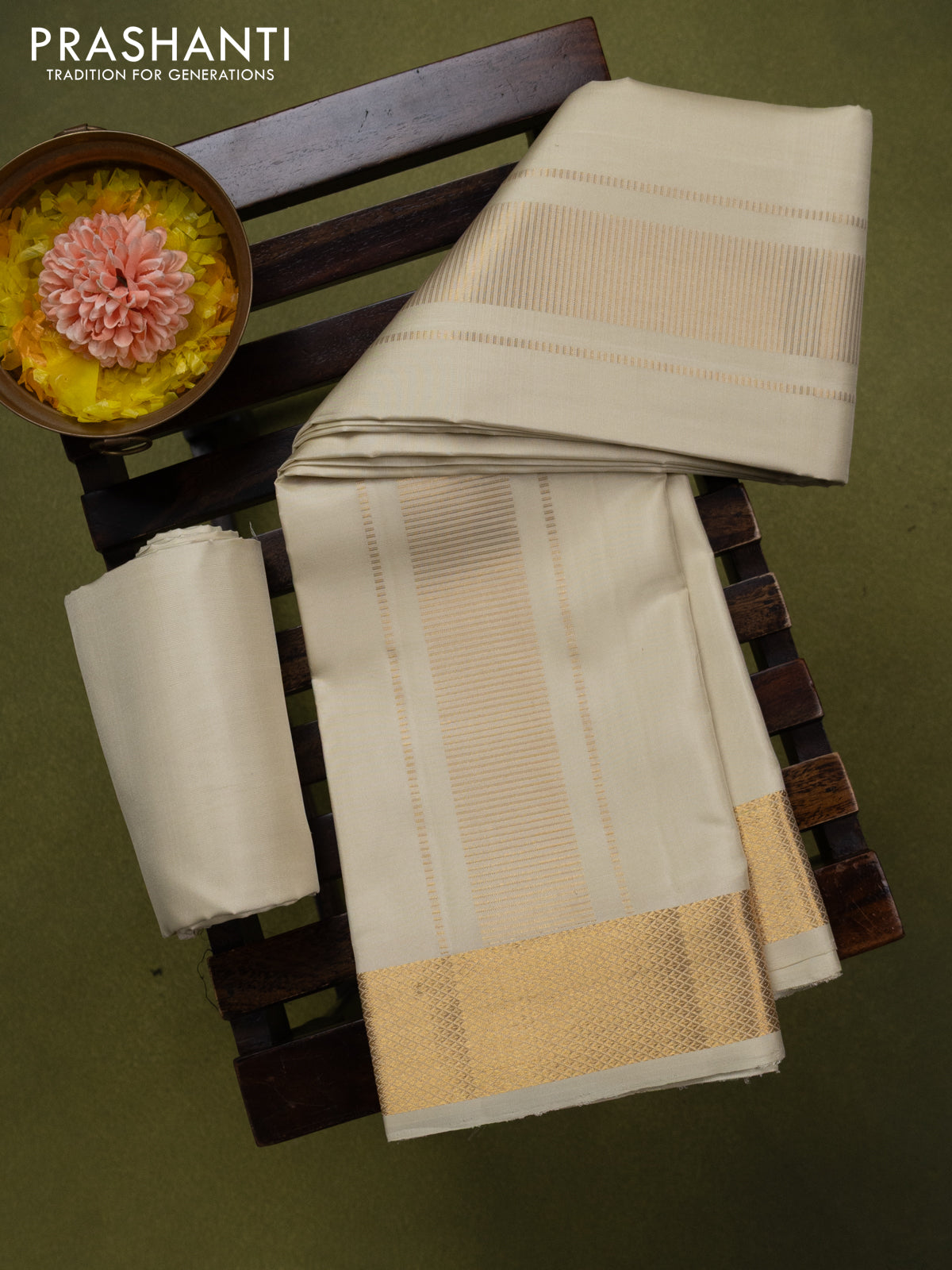 9x5 Pure silk dhoti and matching shirt bit cream with zari woven border