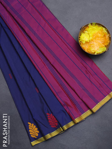 Arani semi silk saree dark blue and dual shade of maroon with thread woven buttas and piping border