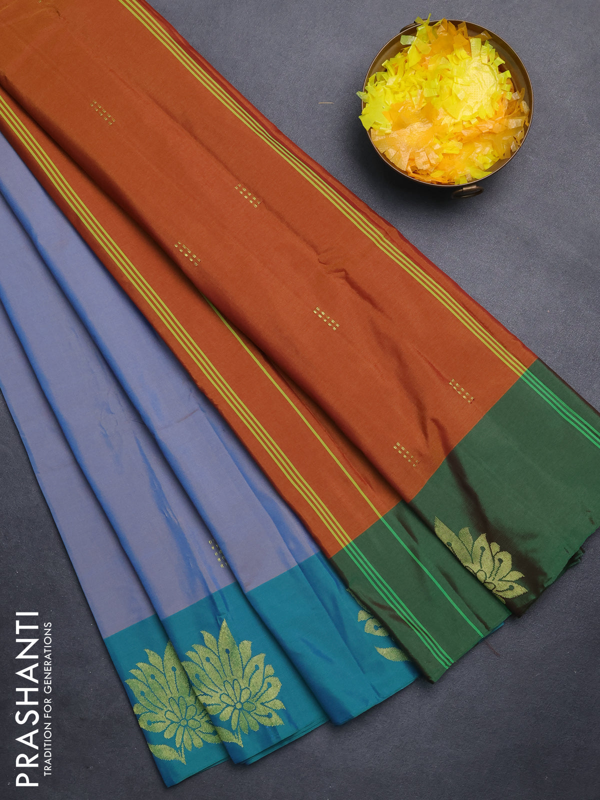 Arani semi silk saree dual shade of blue and dual shade of green with zari woven buttas and zari woven butta border