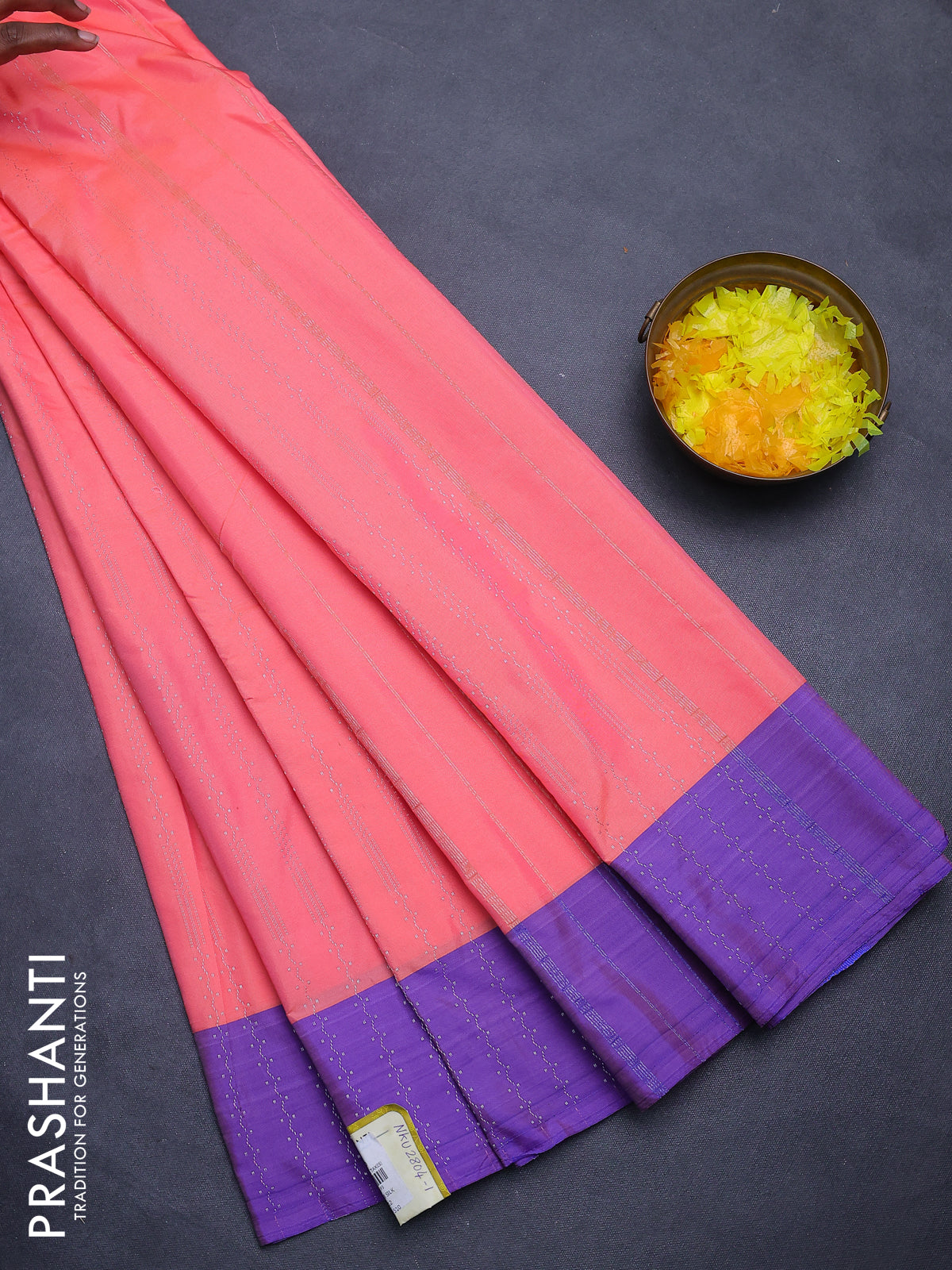 Arani semi silk saree peach pink and violet with allover copper zari weaves and zari woven border