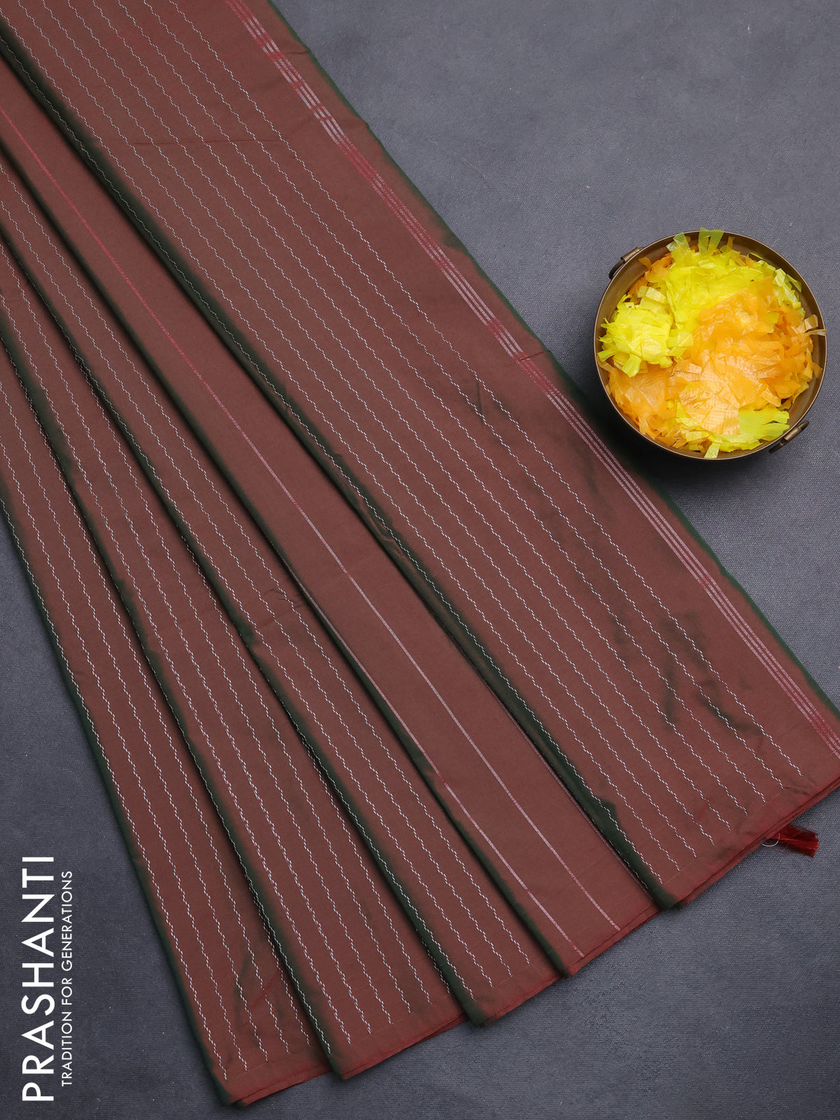 Arani semi silk saree dual shade of greenish maroon with allover silver zari weaves in borderless style