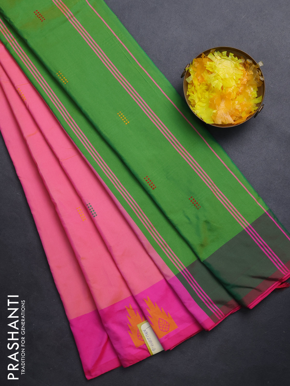 Arani semi silk saree dual shade of pink and green with thread woven buttas and thread woven butta border