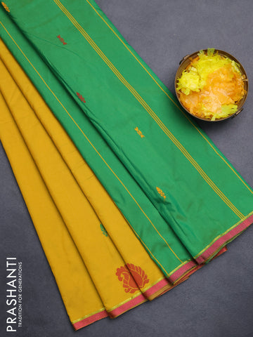 Arani semi silk saree mustard yellow and dual shade of green with thread woven buttas and thread woven butta border