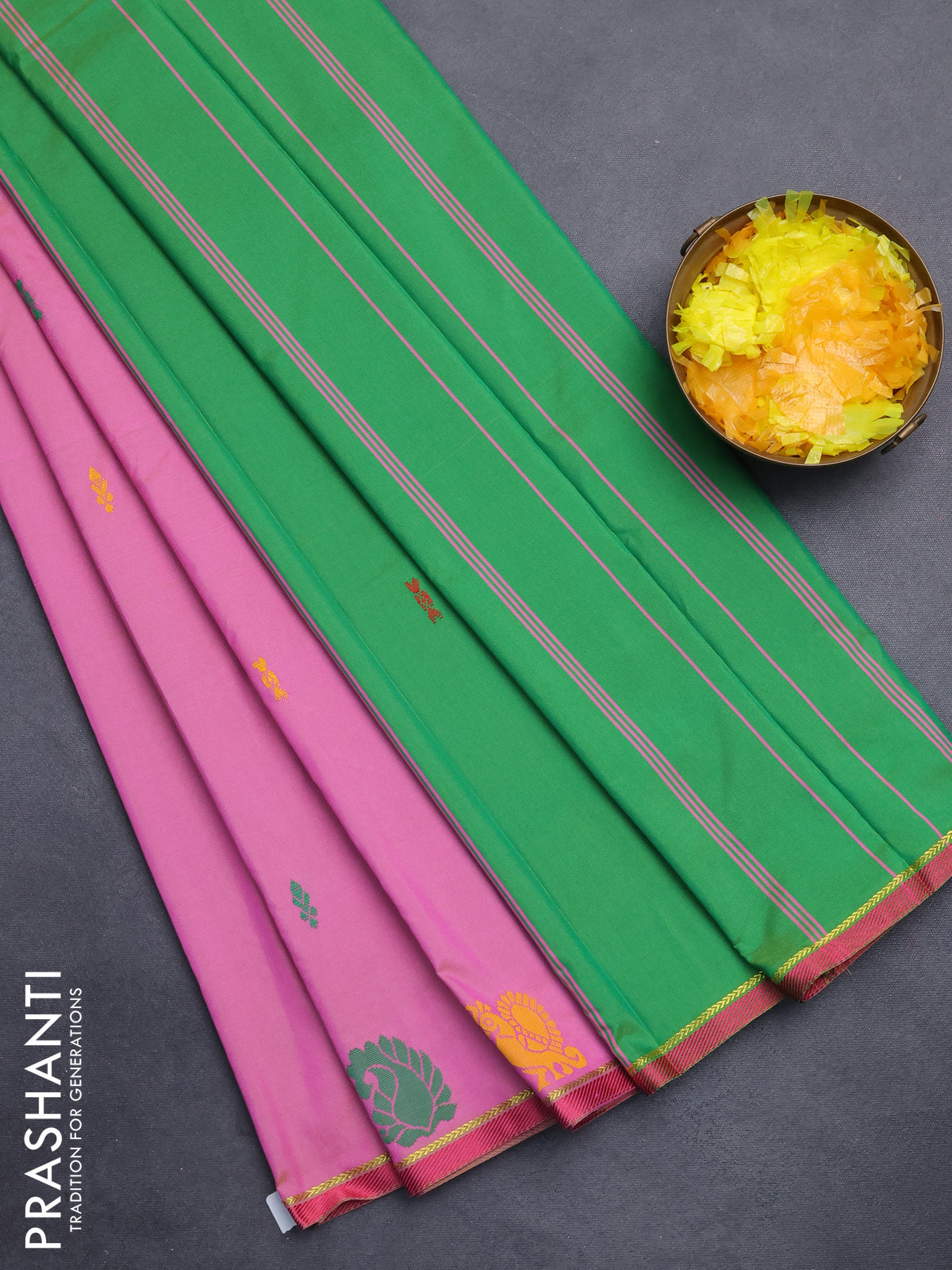 Arani semi silk saree light pink and green with thread woven buttas and thread woven butta border