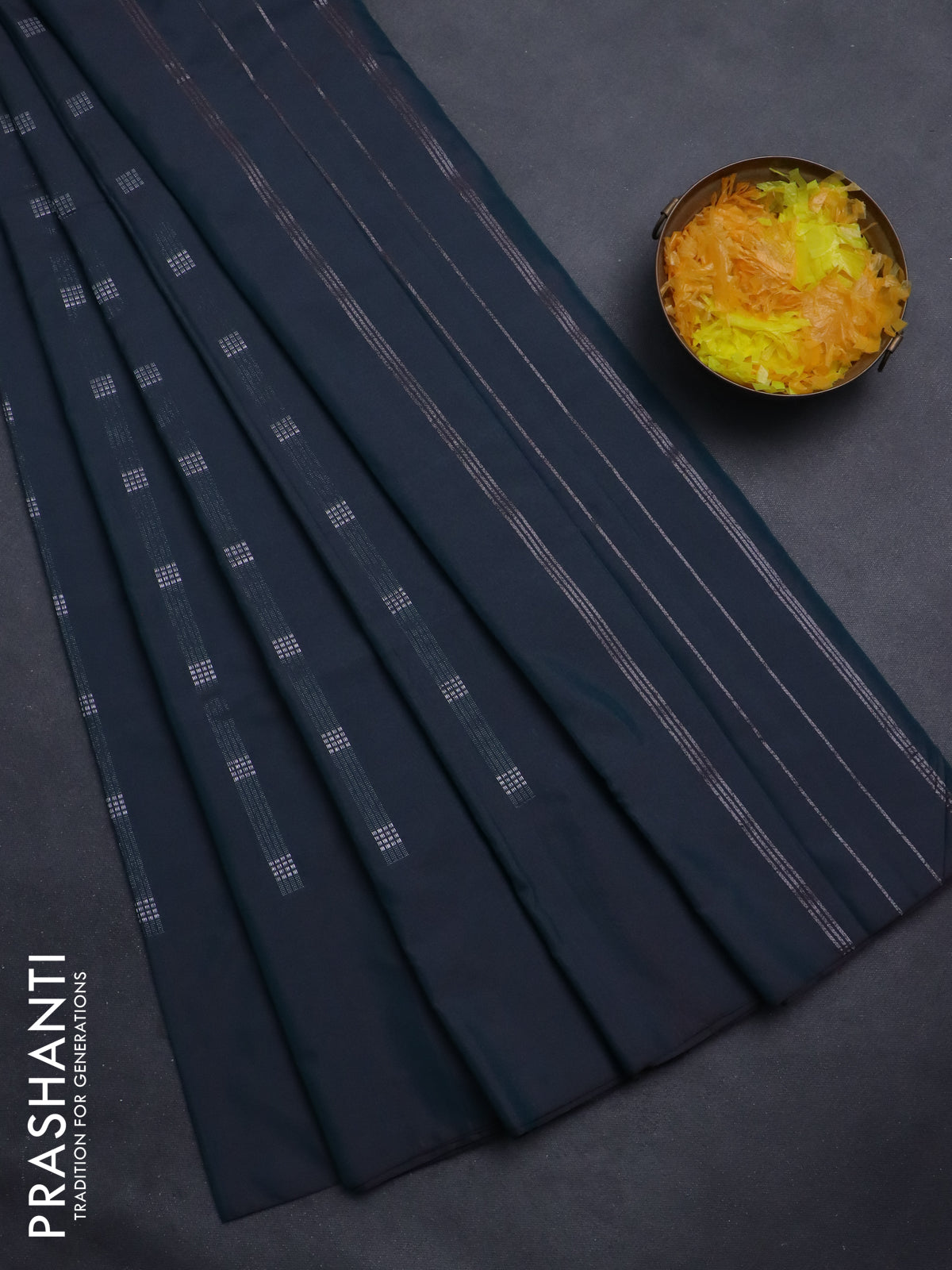 Arani semi silk saree dual shade of peacock green with silver zari woven buttas in borderless style