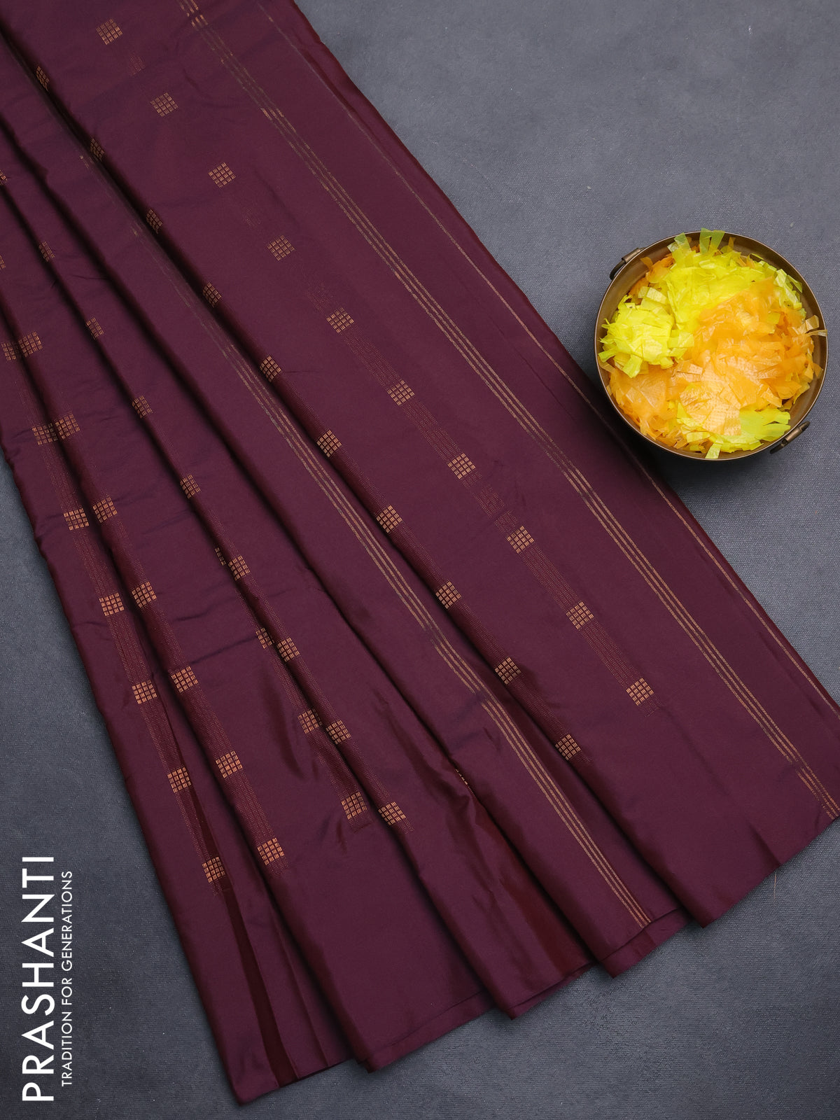 Arani semi silk saree wine shade with copper zari woven buttas in borderless style