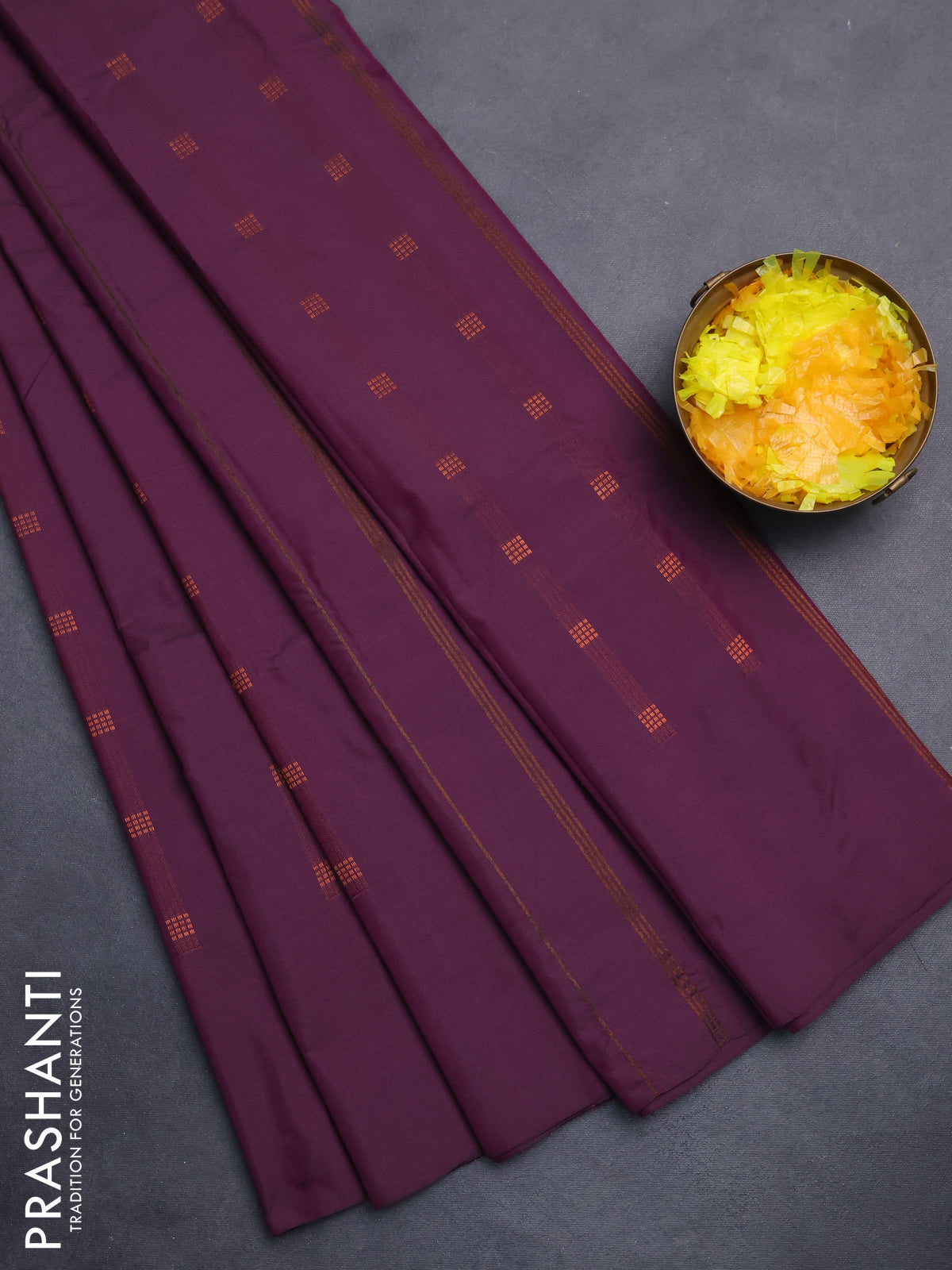 Arani semi silk saree wine shade with copper zari woven buttas in borderless style