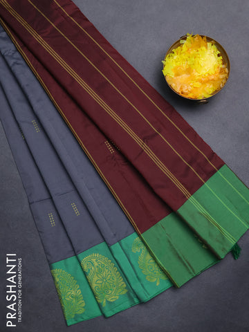 Arani semi silk saree grey and green with zari woven buttas and paisley zari woven butta border