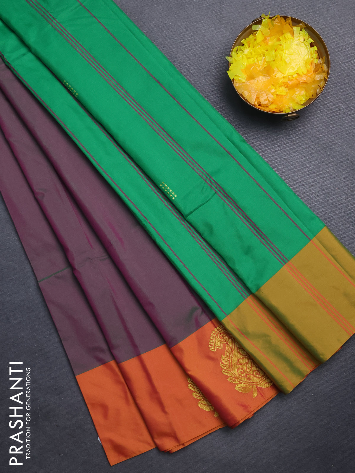 Arani semi silk saree dual shade of greenish purple and sunset orange with zari woven buttas and paisley zari woven butta border