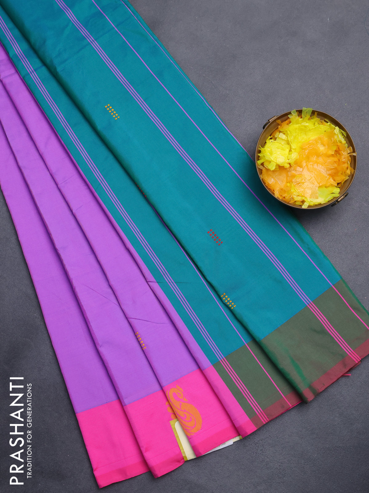 Arani semi silk saree lavender and dual shade of green with thread woven buttas and thread woven butta border