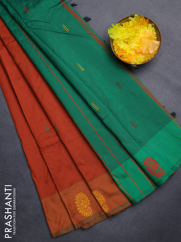 Arani semi silk saree rust shade and green with thread woven buttas and thread woven butta border