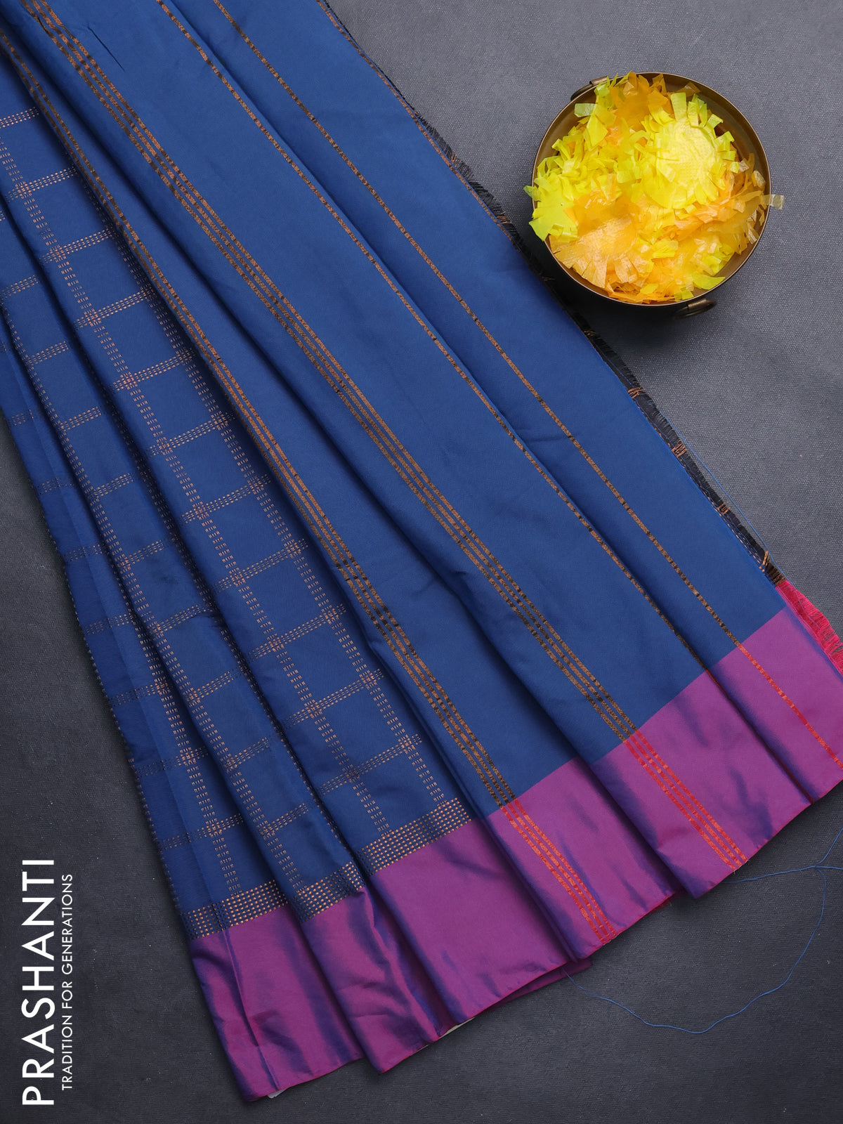 Arani semi silk saree peacock blue and magenta pink with allover copper zari checked pattern and copper zari woven simple border