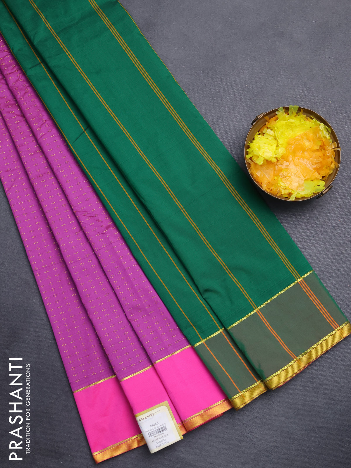 Arani semi silk saree purple and pink with allover thread weaves and rettapet zari woven border`