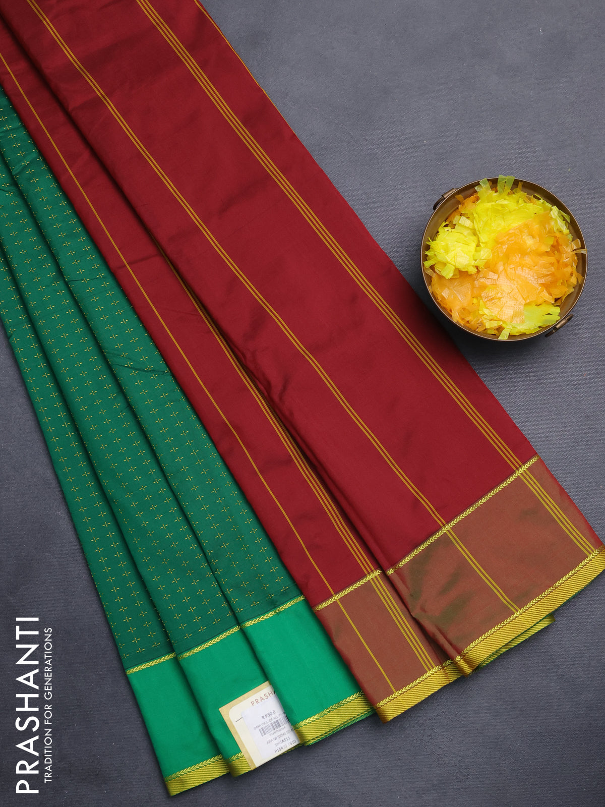 Arani semi silk saree green with allover thread weaves and rettapet zari woven border`