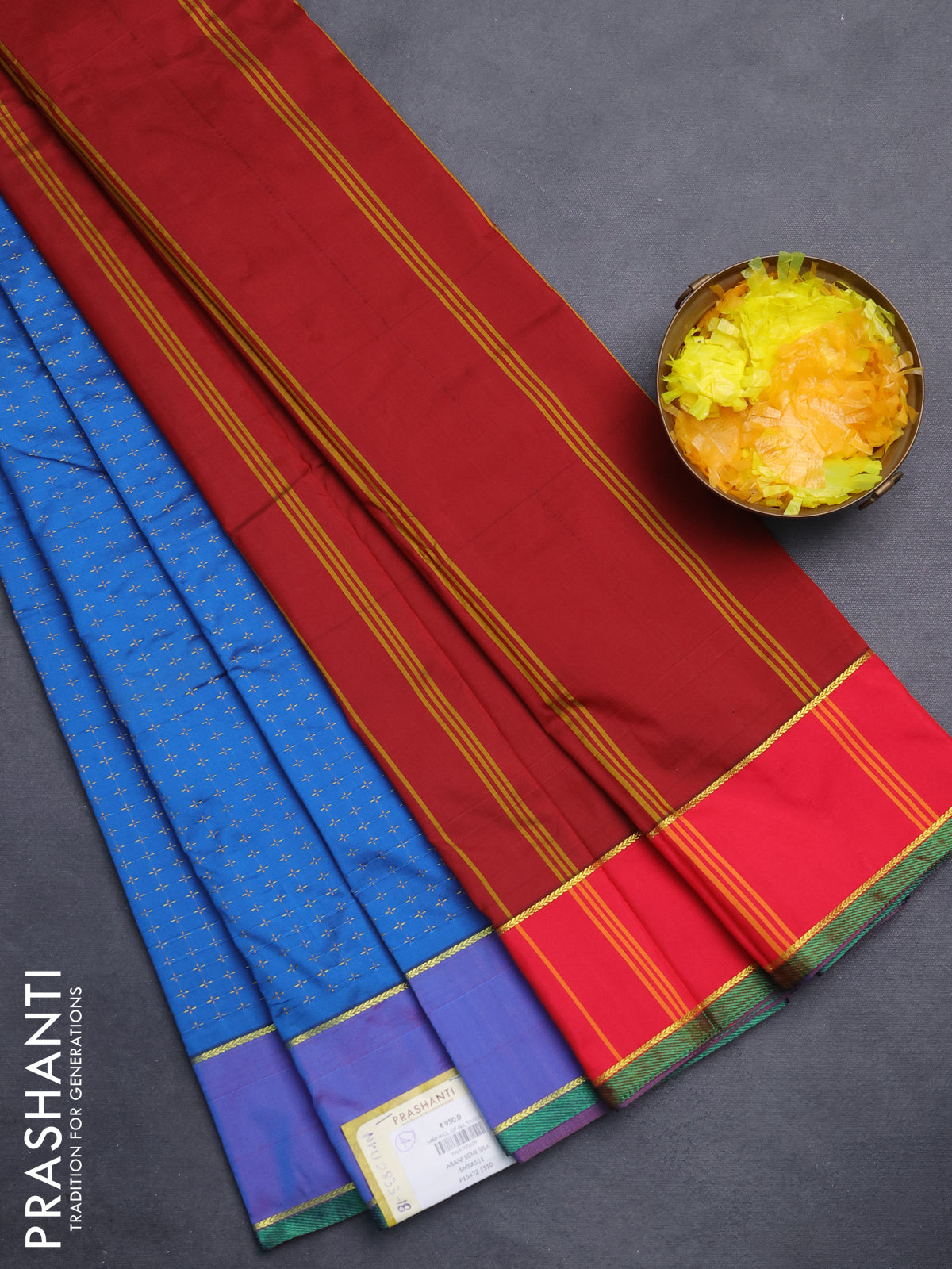 Arani semi silk saree cs blue and reddish pink with allover thread weaves and rettapet zari woven border`