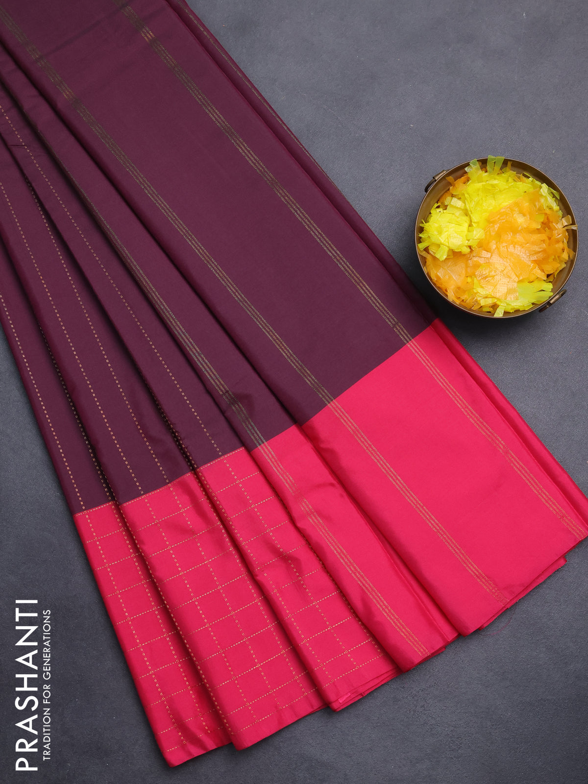 Arani semi silk saree wine shade and pink with allover copper zari weaves and zari checked border