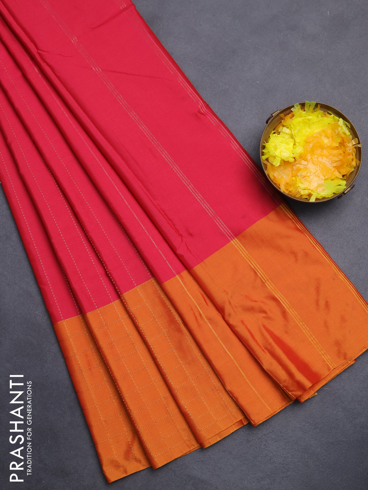 Arani semi silk saree pink and dark mustard with allover copper zari weaves and zari checked border
