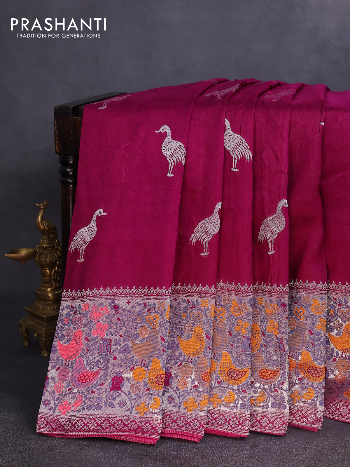 Banarasi raw silk saree wine shade with silver zari woven buttas and silver zari woven paithani style border