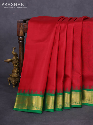 10 Yards silk saree maroon and green with plain body and temple design zari woven border