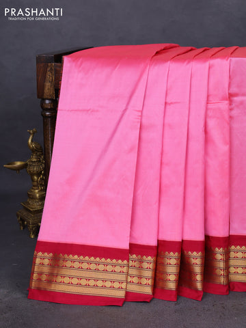 10 Yards silk saree candy pink and maroon with plain body and zari woven border