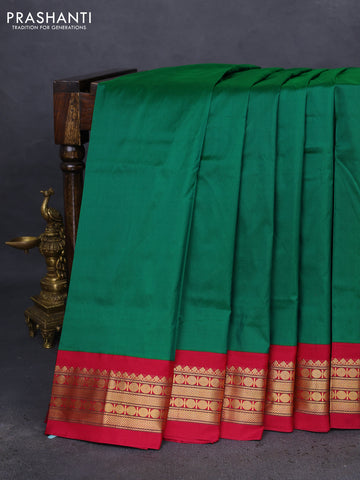 10 Yards silk saree green and dark magenta pink with plain body and zari woven border