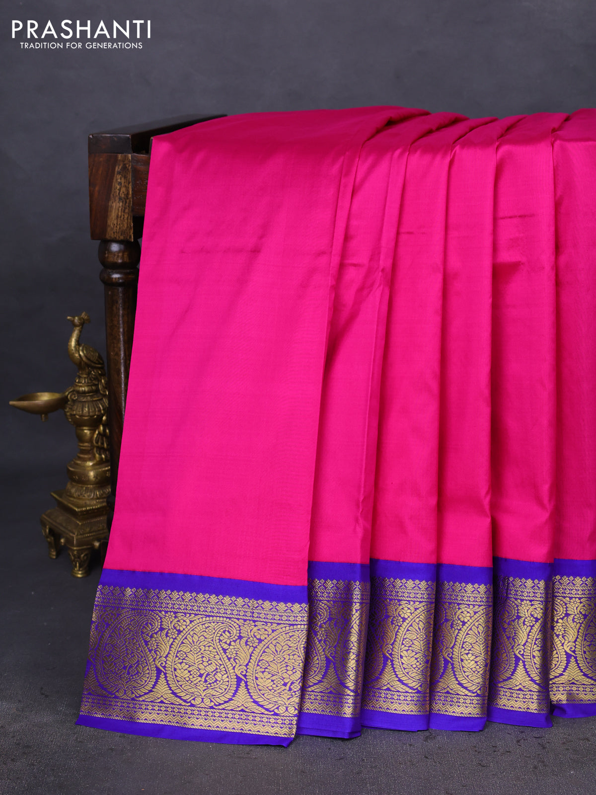 10 Yards silk saree pink and blue with plain body and zari woven border