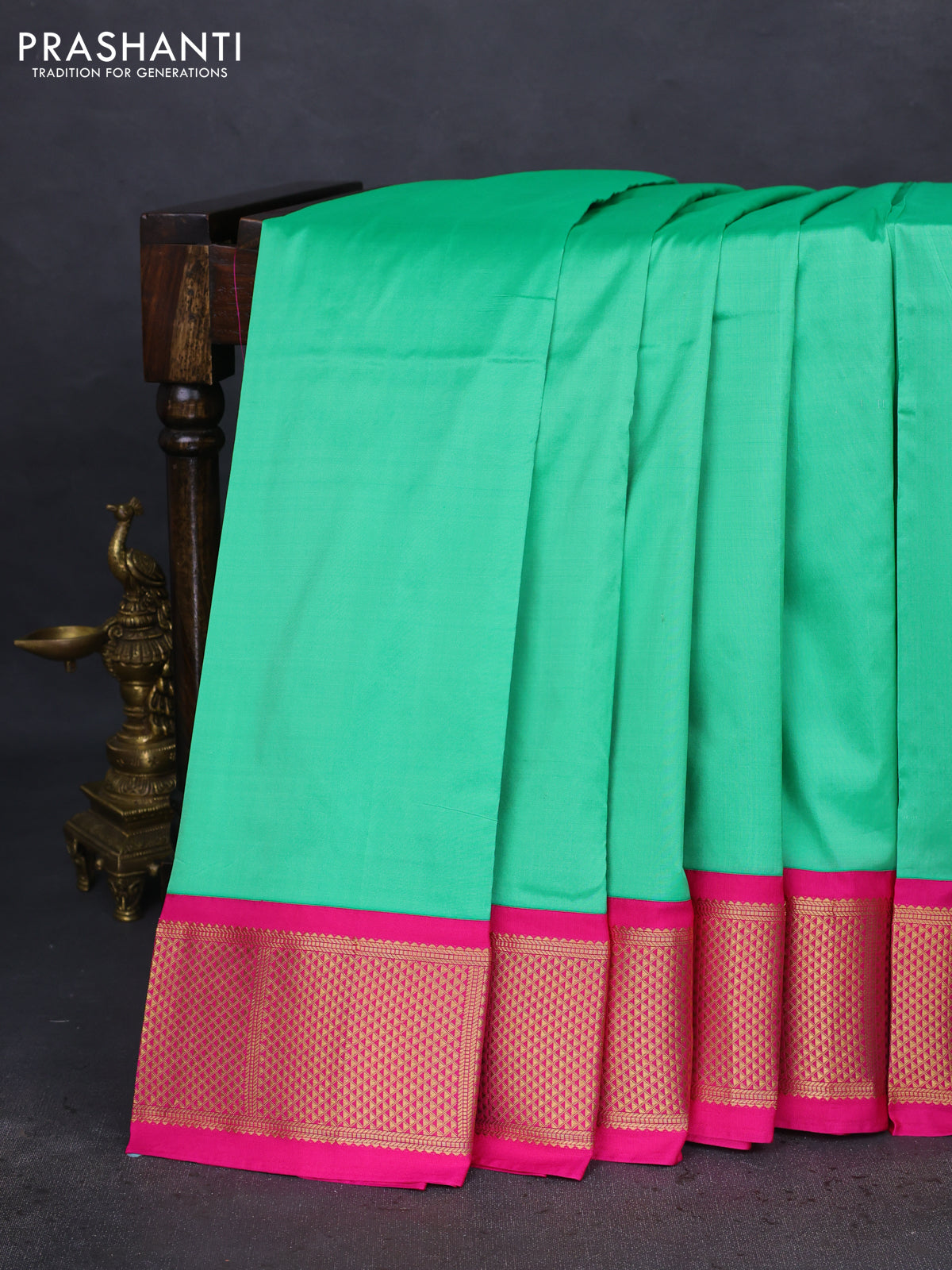10 Yards silk saree teal green and pink with plain body and zari woven border